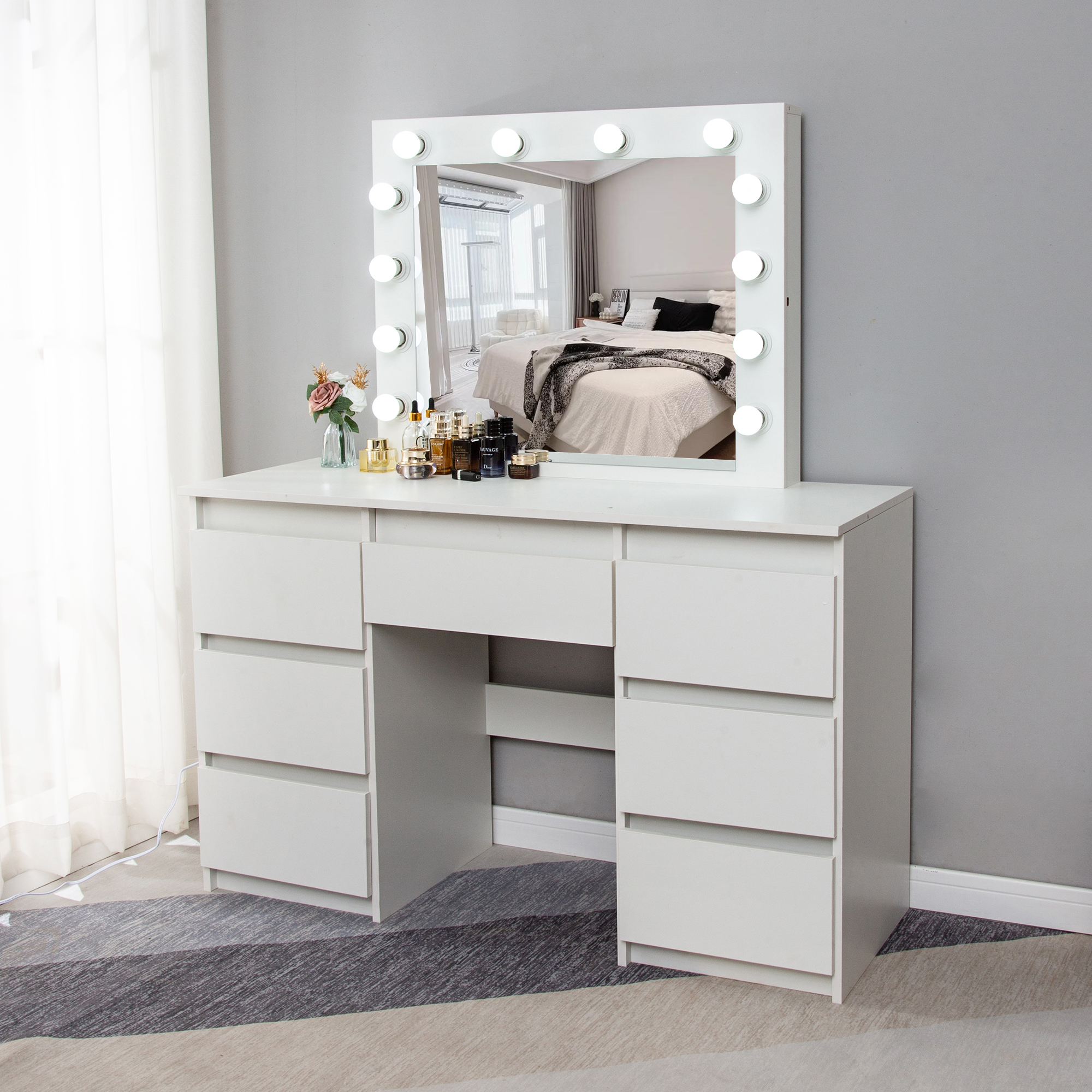 Toaletka kosmetyczna Hollywood ELDEN TK008 – biała 120 cm, 12 żarówek — zdjęcie 3
