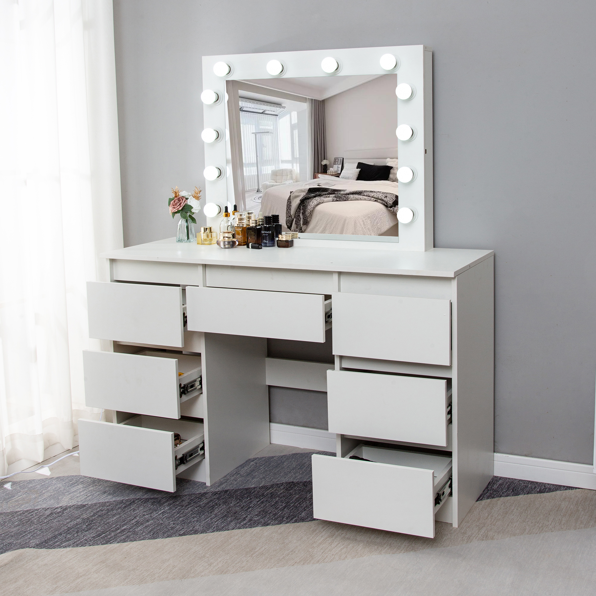 Toaletka kosmetyczna Hollywood ELDEN TK008 – biała 120 cm, 12 żarówek — zdjęcie 4