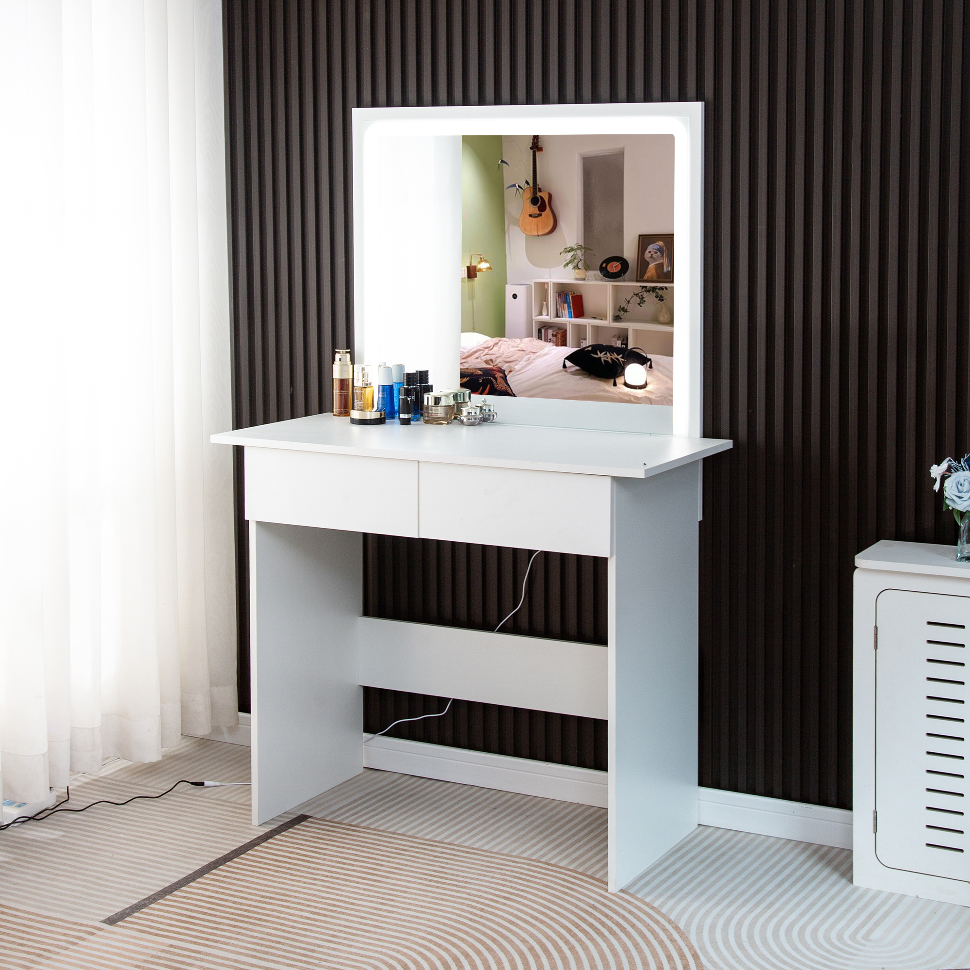 Toaletka kosmetyczna z lustrem LED ELDEN TK011 – biała 94 cm, 3 barwy — zdjęcie 4