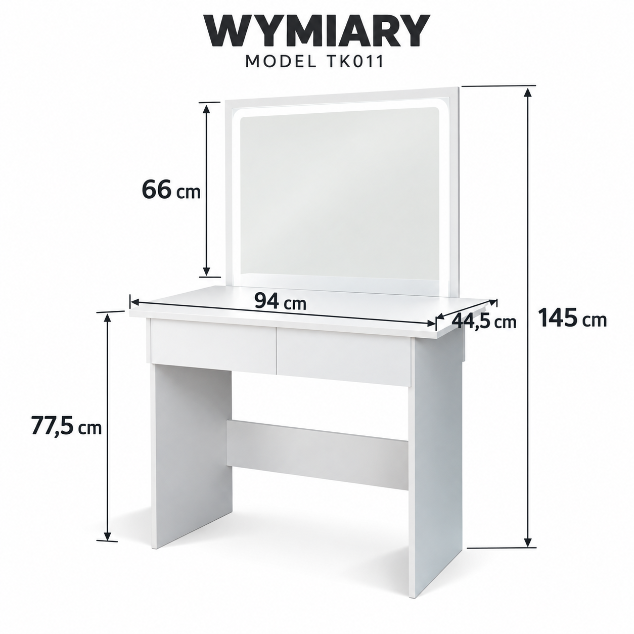 Toaletka kosmetyczna z lustrem LED ELDEN TK011 – biała 94 cm, 3 barwy — zdjęcie 2