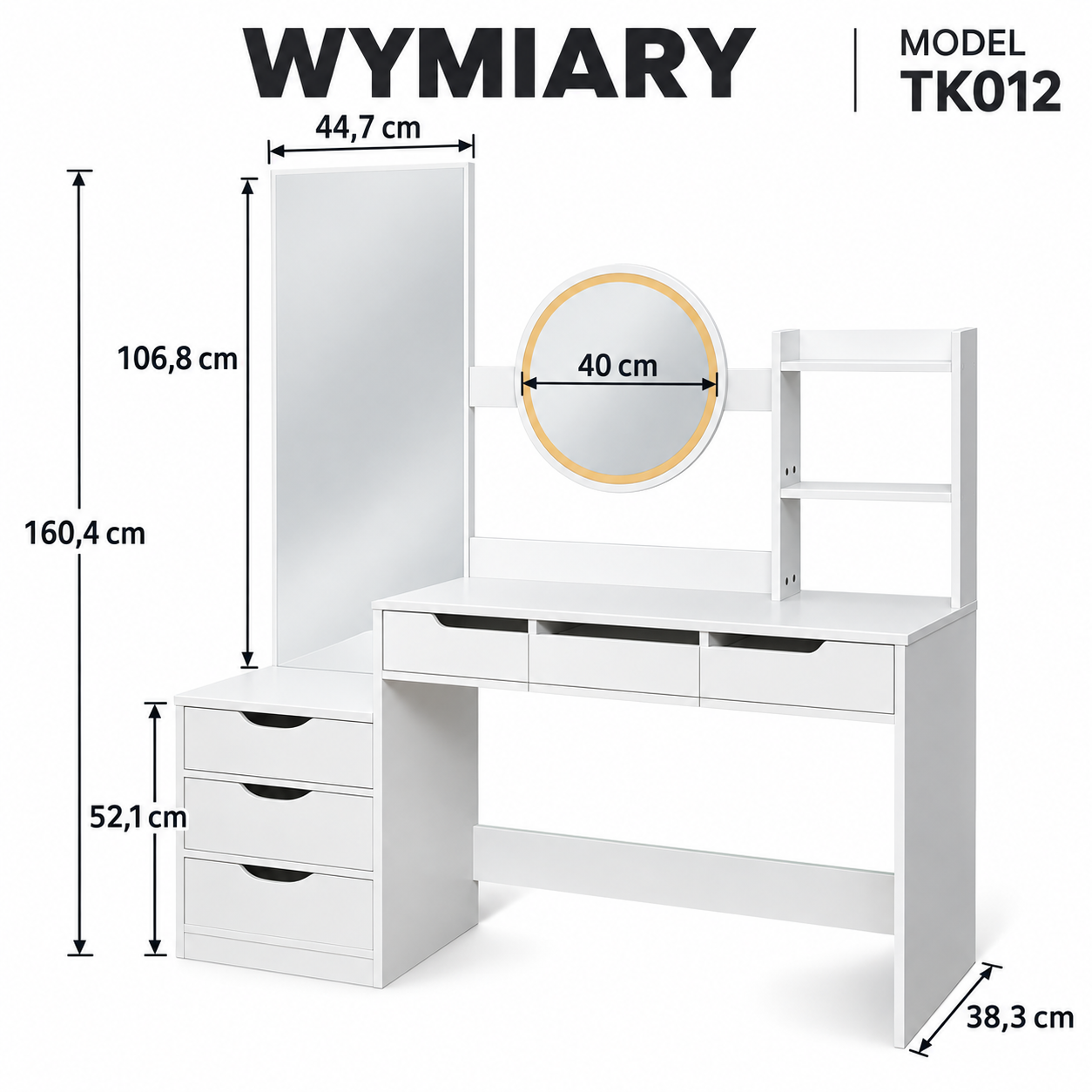 Toaletka kosmetyczna z dwoma lustrami LED ELDEN TK012 – biała 144 cm — zdjęcie 2