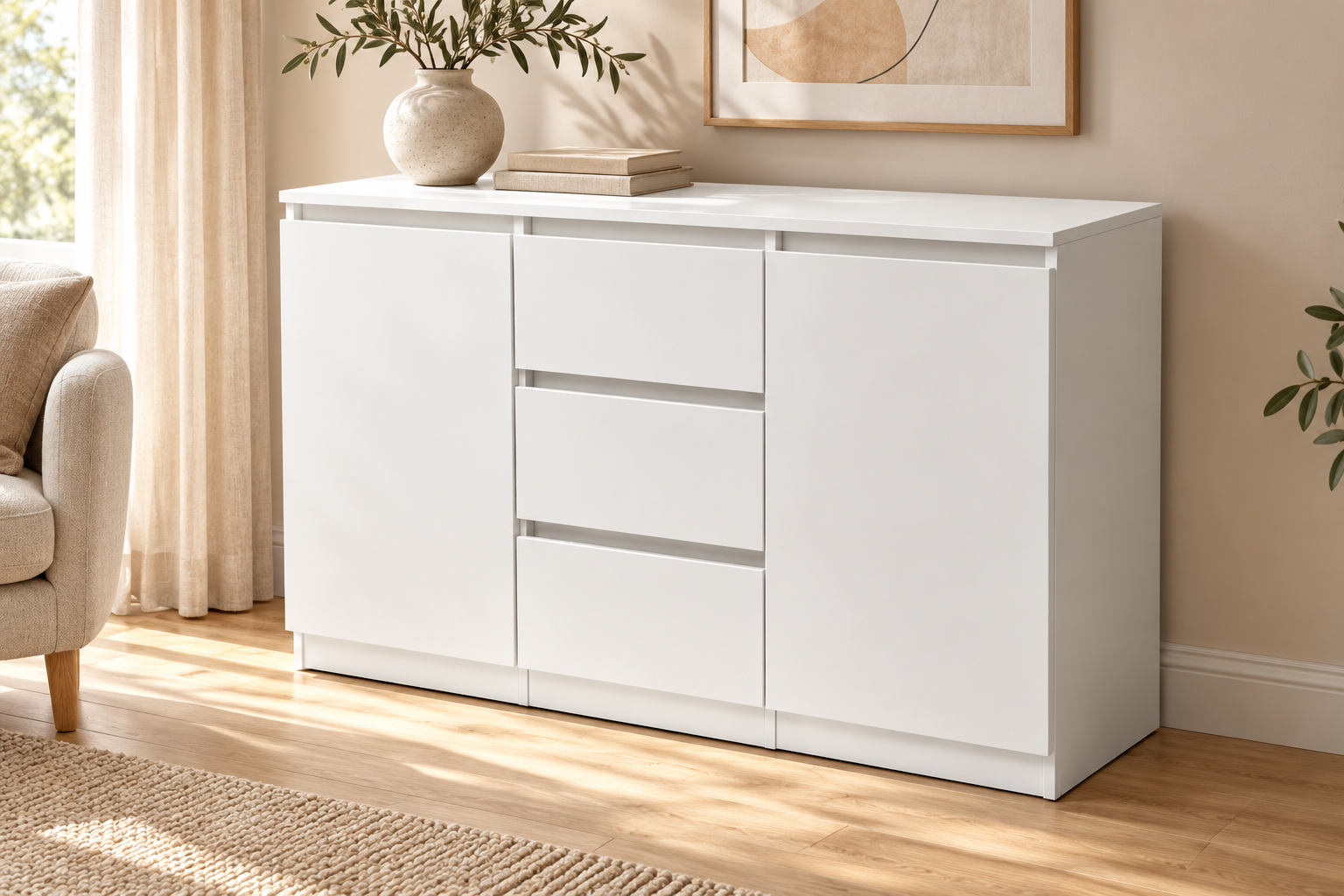 KOMODA BIAŁA 120 CM 3 SZUFLADY 2 DRZWI DO SALONU SYPIALNI — zdjęcie 2