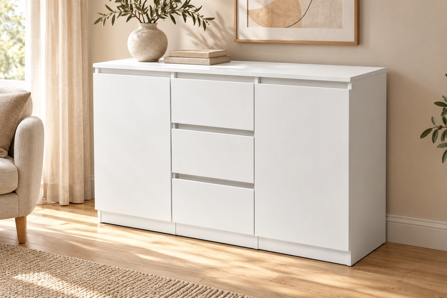 KOMODA BIAŁA 120 CM 3 SZUFLADY 2 DRZWI DO SALONU SYPIALNI — aranżacja