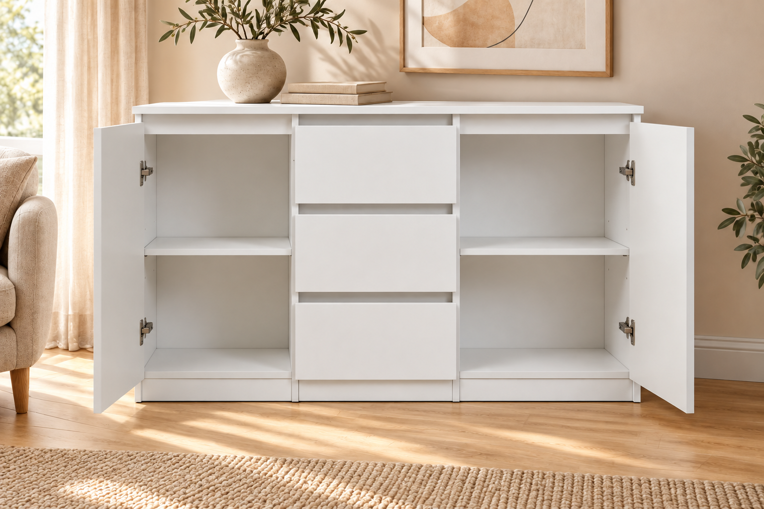 KOMODA BIAŁA 120 CM 3 SZUFLADY 2 DRZWI DO SALONU SYPIALNI — zdjęcie 3