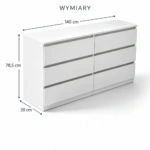 KOMODA BIAŁA 140 CM 6 SZUFLAD DO SALONU SYPIALNI BEZ UCHWYTÓW — zdjęcie 6