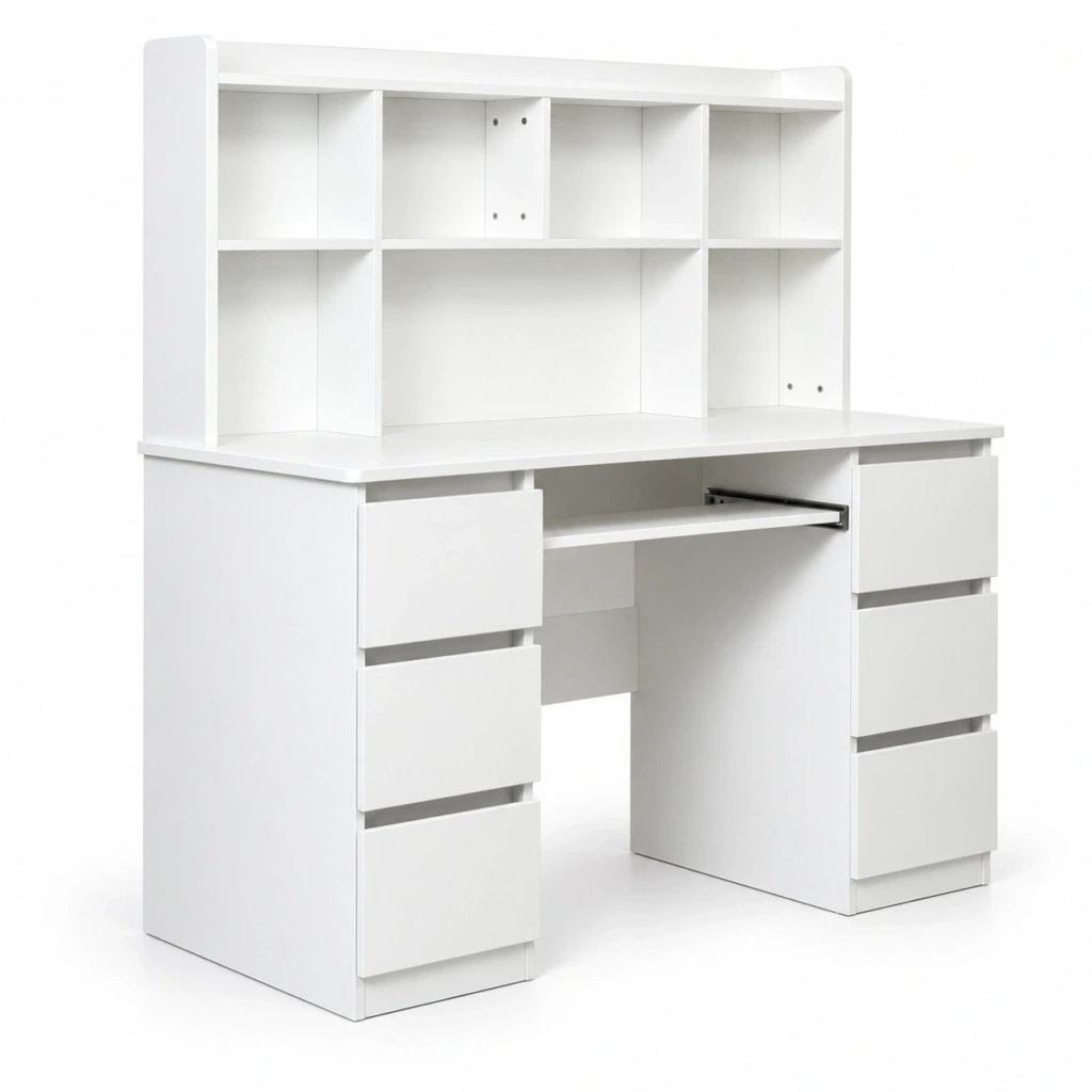 BIURKO BIAŁE 130 CM Z NADSTAWKĄ 6 SZUFLAD PÓŁKI DO NAUKI SC020 — zdjęcie 1